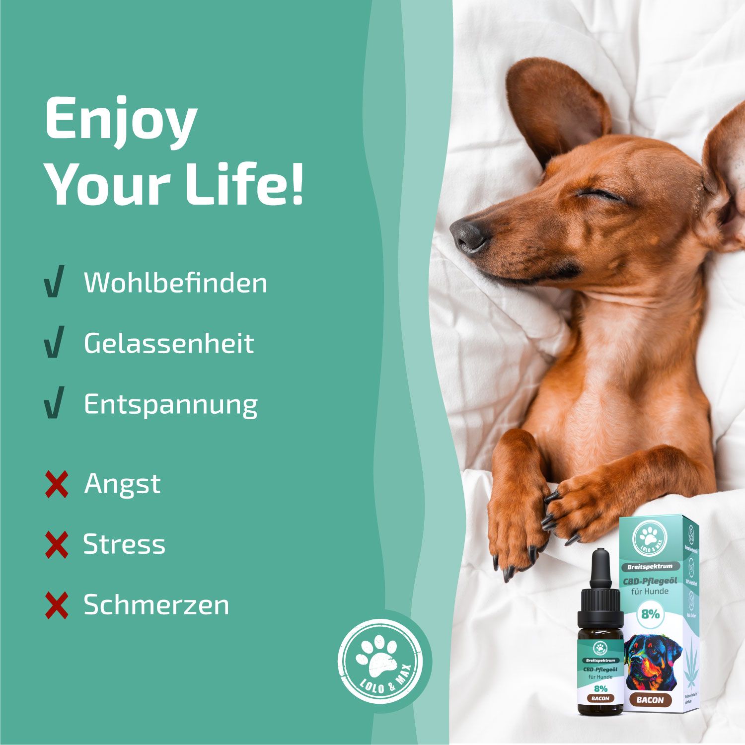 Dackel liegt in Bettwäsche. Braunglasflasche mit Produktetikett. Text: Wohlbefinden, Gelassenheit, Entspannung.