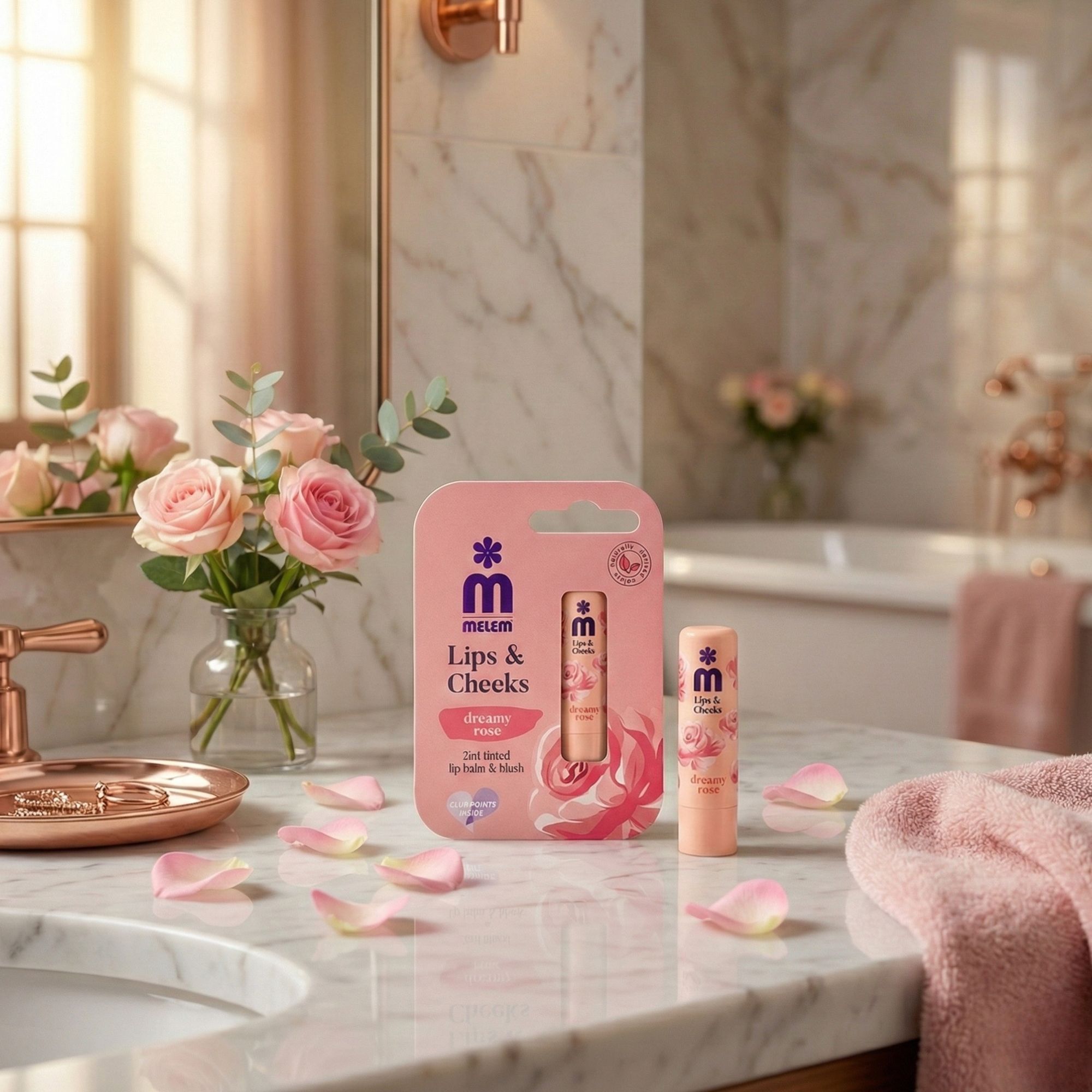 Zwei Lippenbalsam-Produkte auf einer Marmoroberfläche. Ein Produkt in Verpackung, das andere lose. Rosa Verpackung mit Produktnamen und Logo.