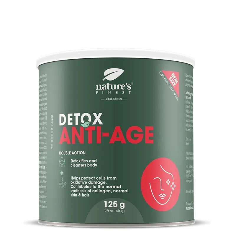 Dose Nature's Finest Detox Anti-Age Pulver mit 125g Inhalt und Hinweisen zu doppelter Wirkung und Hautpflege.