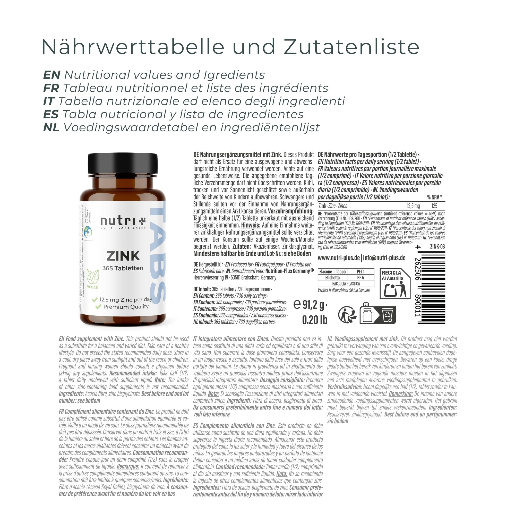 Braune Flasche nutri+ Zink Tabletten. Aufschrift: Zink, 365 Tabletten, 12,5 mg Zink pro Tag, Premium Qualität.