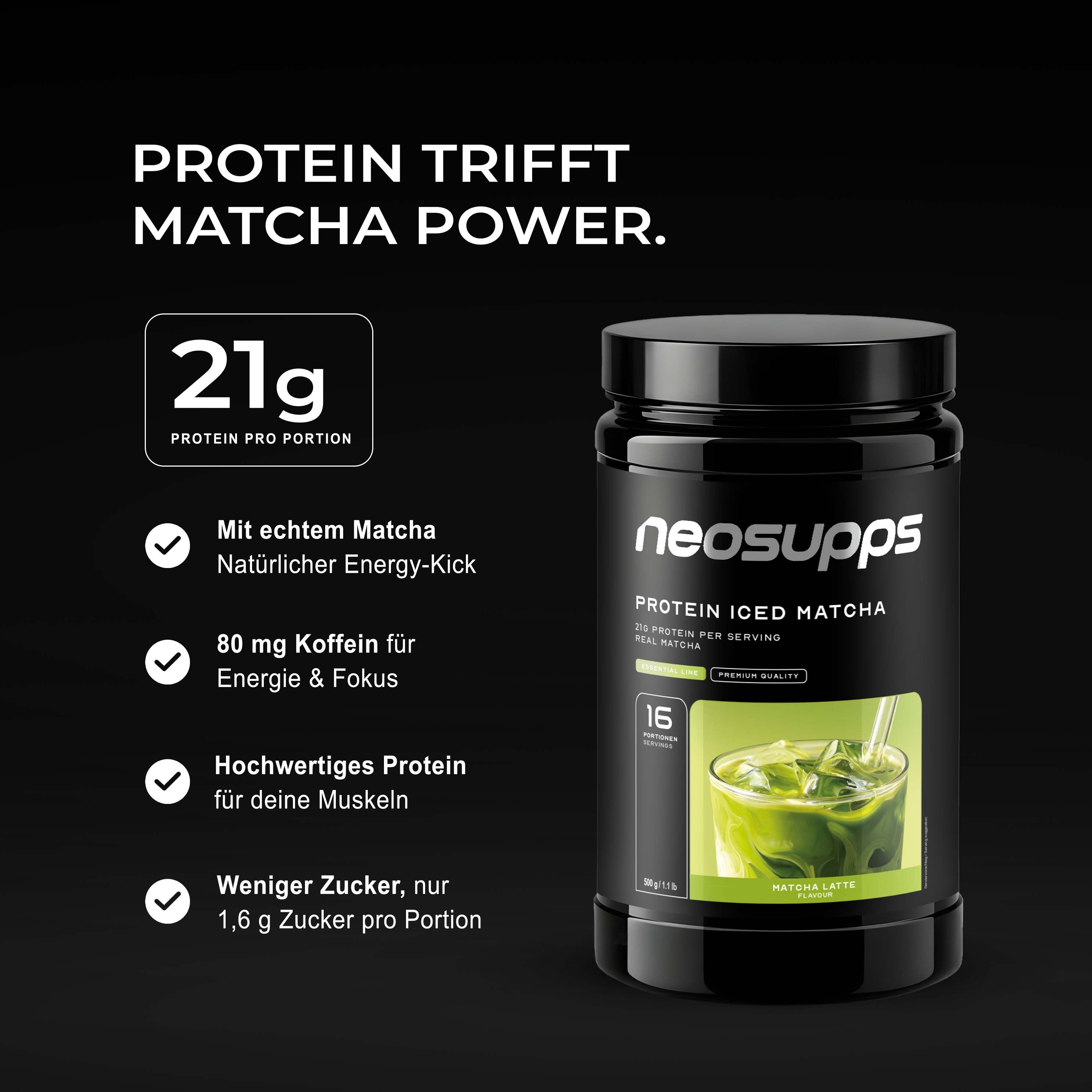 Neosupps Protein Iced Matcha Latte mit echtem Matcha, Eiweißpulver