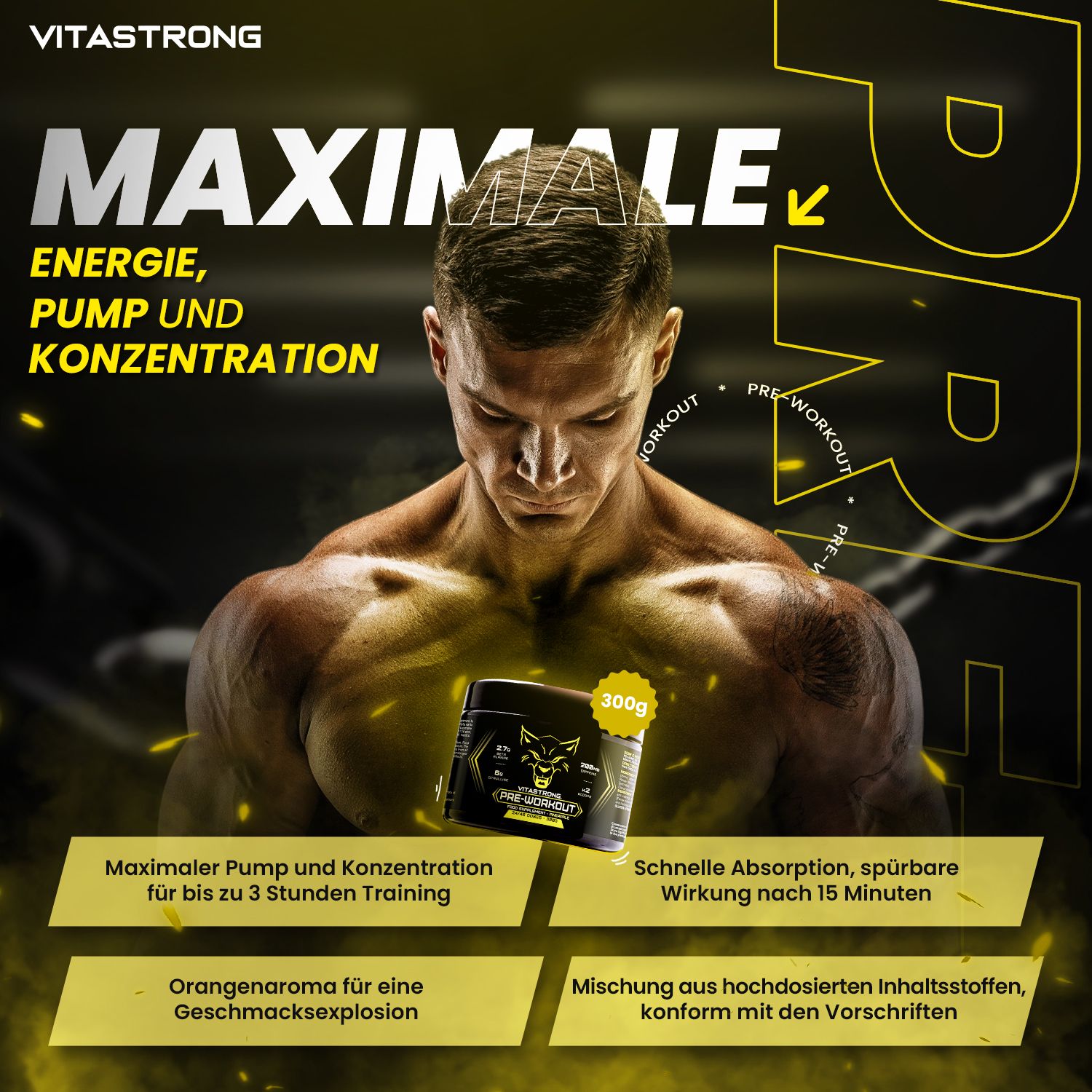 Vitastrong Pre-Workout-Dose. Schwarze Dose mit gelben Akzenten. Aufschrift: Energie, Pump, Konzentration. Mann im Hintergrund.