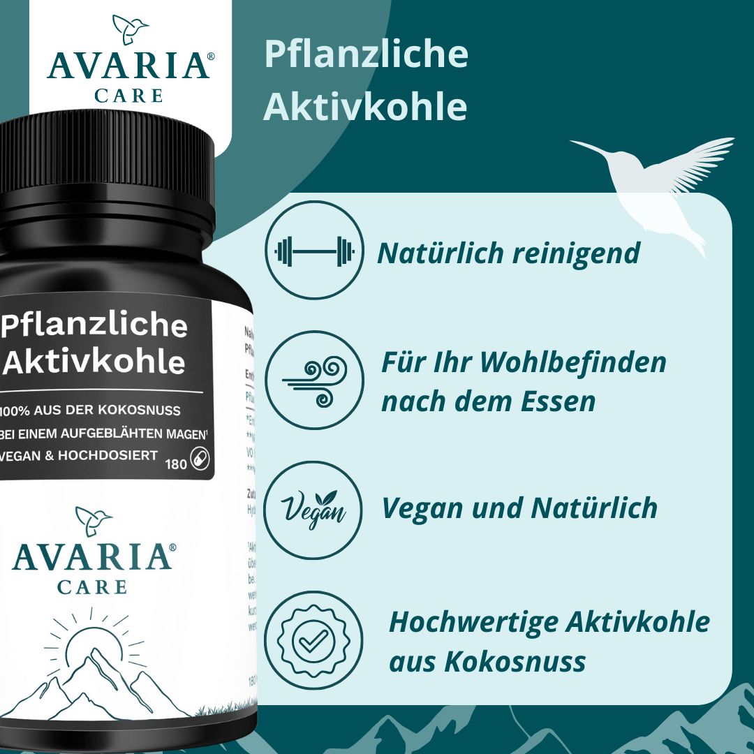 Eine schwarze Flasche 'AVARIA CARE Aktivkohle' mit Text und Icons auf einem türkisfarbenen Hintergrund. Text: 'Pflanzliche Aktivkohle'.