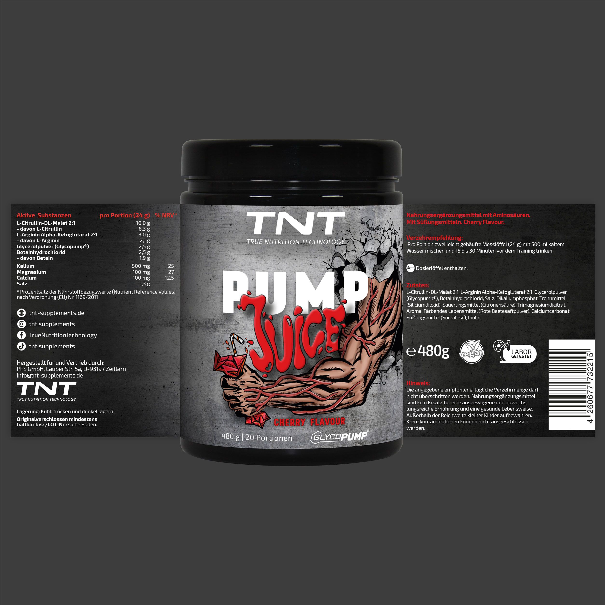 TNT Pump Juice-Behälter mit ausgeklappten Produktinformationen. Enthält Nährwertangaben und Inhaltsstoffe.