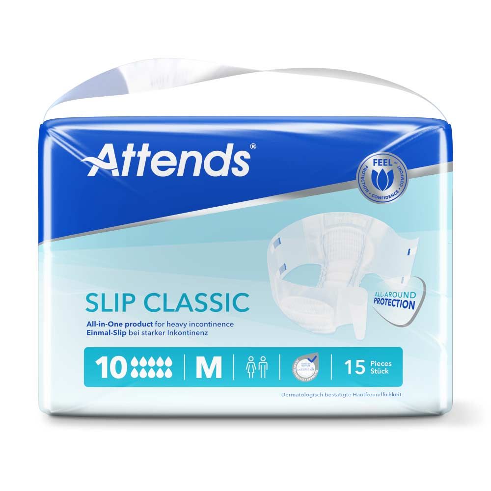 Verpackung Attends Slip Classic 10 M. Blaue Verpackung mit Produktabbildung. Aufschrift: Slip Classic, 10, M, 15 Stück. Logo: Attends.