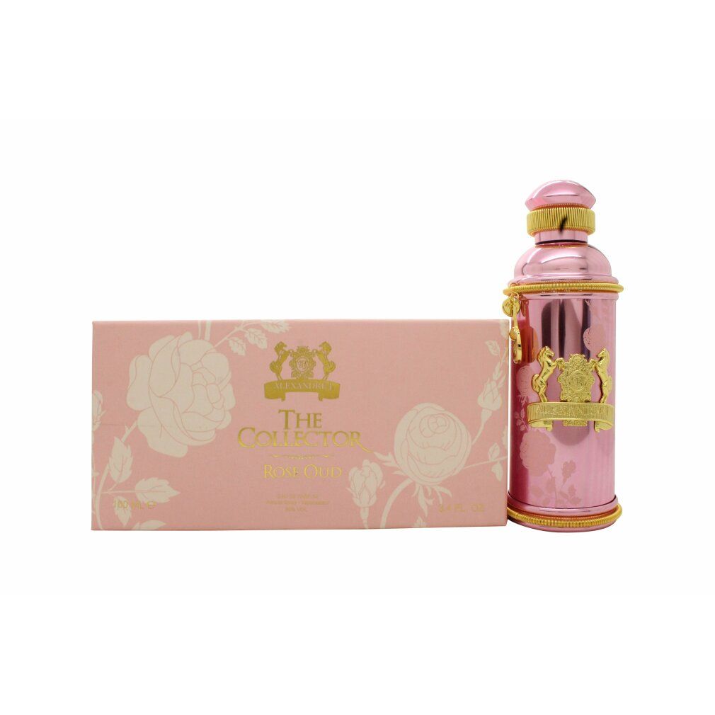 Rosa Flakon mit goldfarbenen Details und rosa Verpackung. Aufschrift: The Collector Rose Oud.