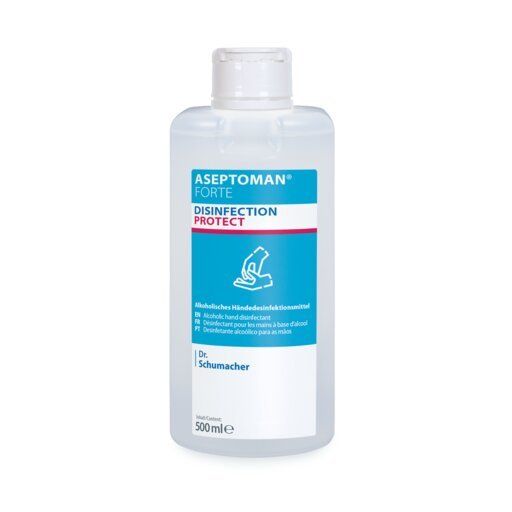 Flasche ASEPTOMAN FORTE. Weißer Deckel, blaues Etikett mit Produktnamen und Logo. Enthält 500 ml.