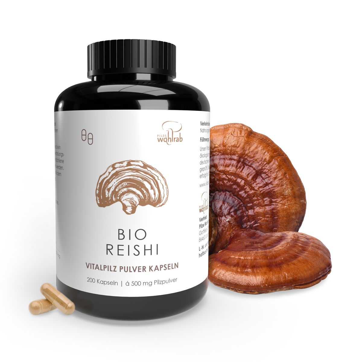 Braune Kapseln neben einer schwarzen Flasche mit BIO Reishi Pulverkapseln und zwei Reishi-Pilzen.
