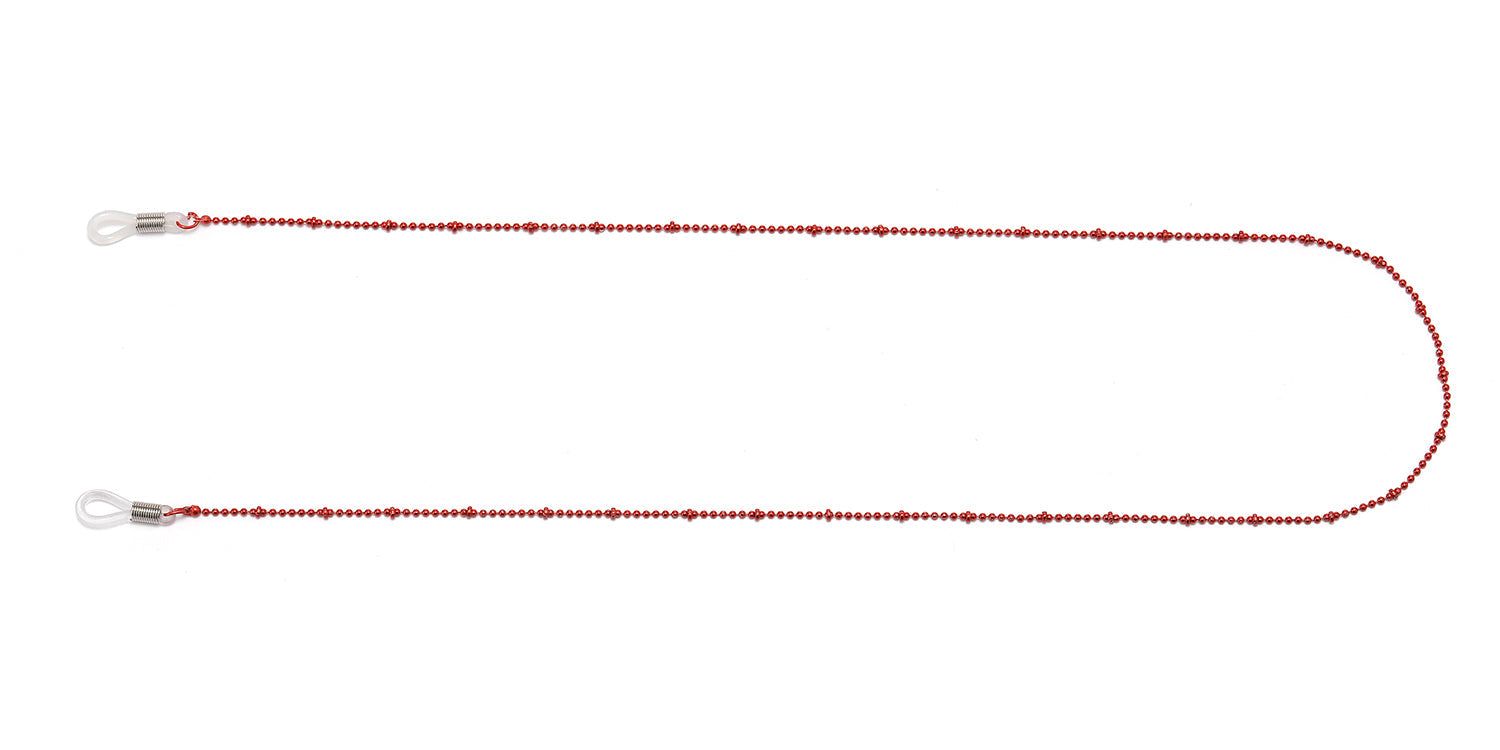 Rote Brillenkette mit kleinen Perlen. Die Kette ist U-förmig angeordnet und hat an den Enden Schlaufen zur Befestigung an Brillen.