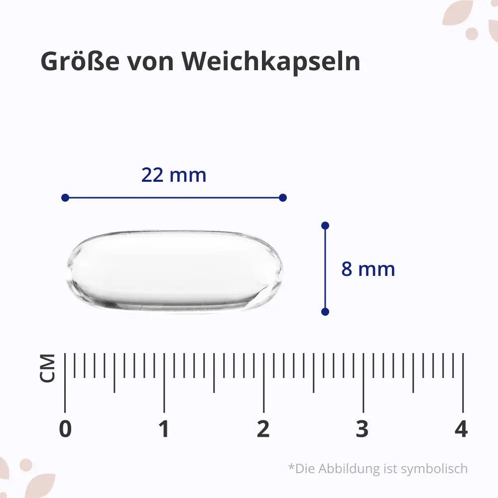 Eine einzelne Weichkapsel mit Maßangaben: 22 mm Länge, 8 mm Breite.