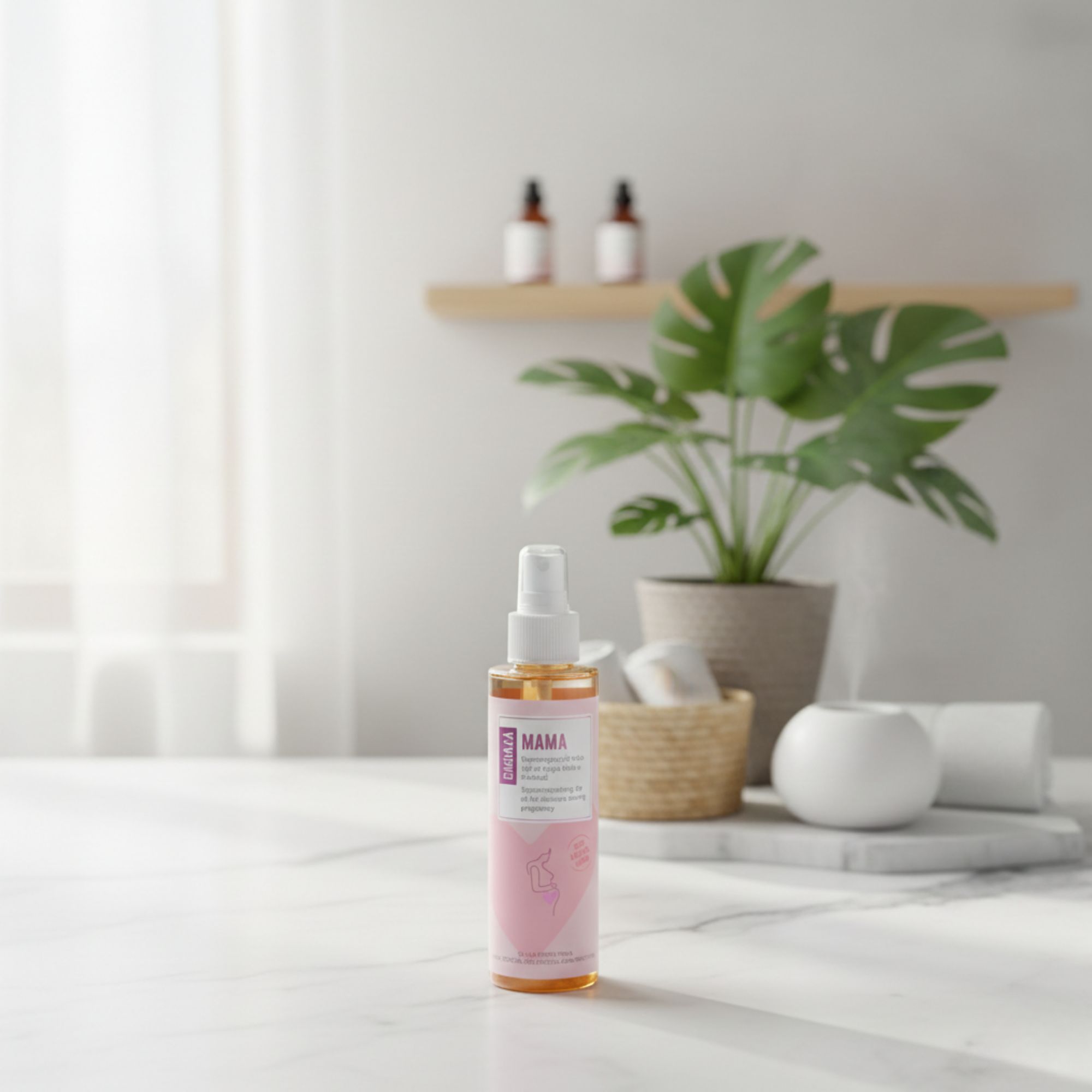 Sprühflasche mit gelblicher Flüssigkeit. Rosa Etikett mit Text und Illustration. Hintergrund: Pflanzen, Regal, dekorative Elemente.