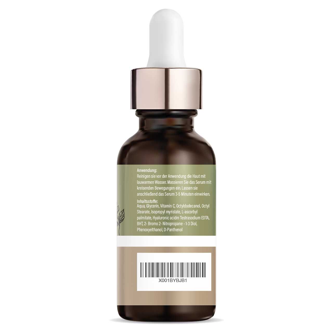 Rückseite der braunen Glasflasche. Etikett mit Anwendungshinweisen, Inhaltsstoffen und Barcode.