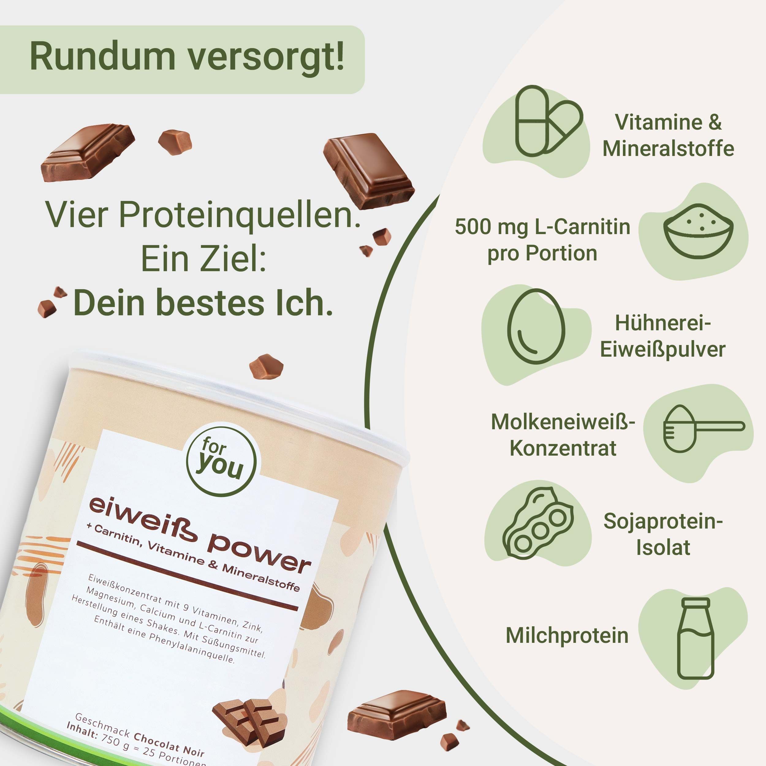 Dose Eiweiß Power Schoko Noir mit Schokoladenstücken und Icons für Inhaltsstoffe.