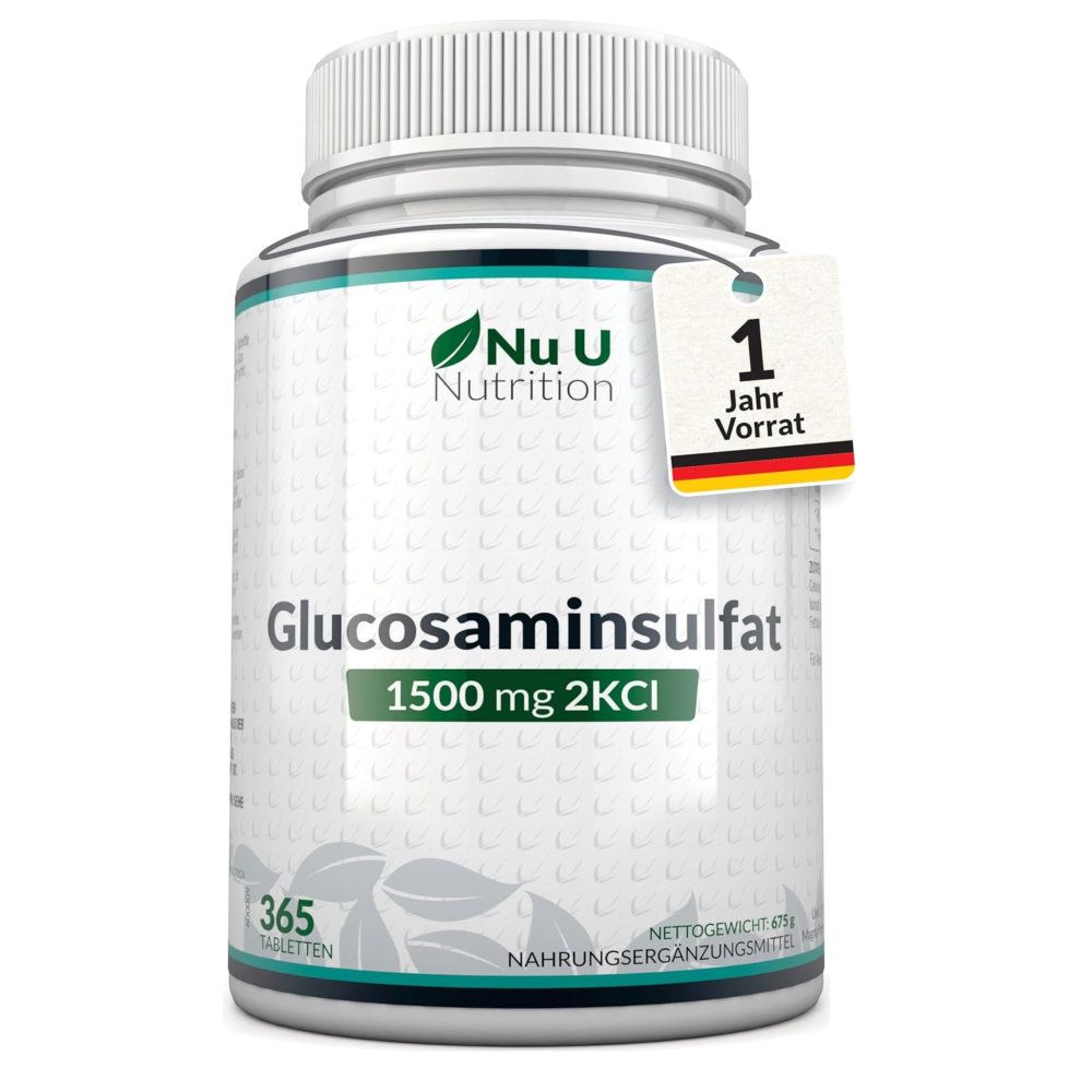 Weiße Flasche mit Nu U Nutrition Glucosamin Sulfat 1500mg 2KCI Tabletten. 365 Tabletten. Anhänger mit "1 Jahr Vorrat".
