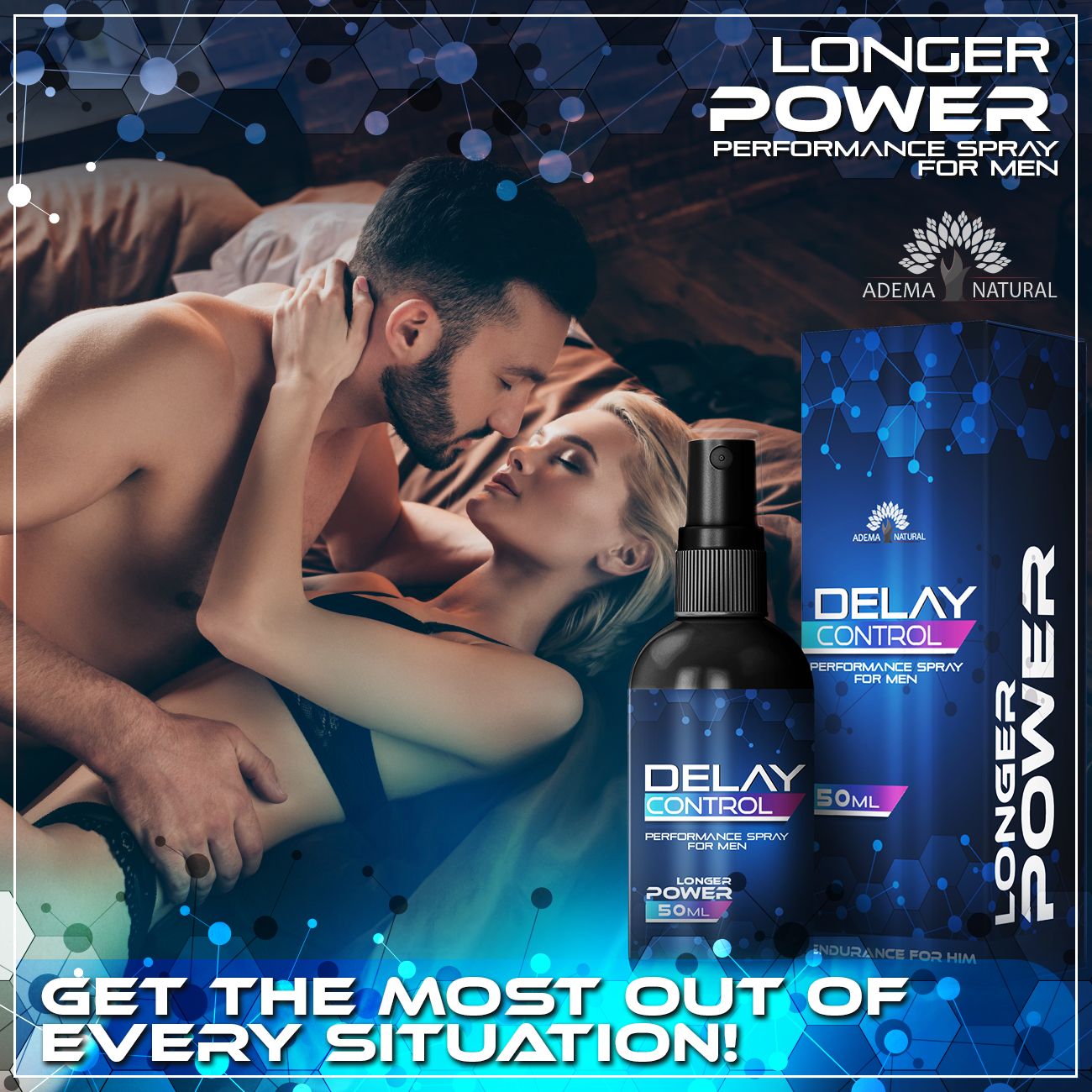 Paar im Bett. Produkt mit Verpackung. Aufschrift: Delay Control, Performance Spray for Men, 50ml. Text: Get the most out of every situation!