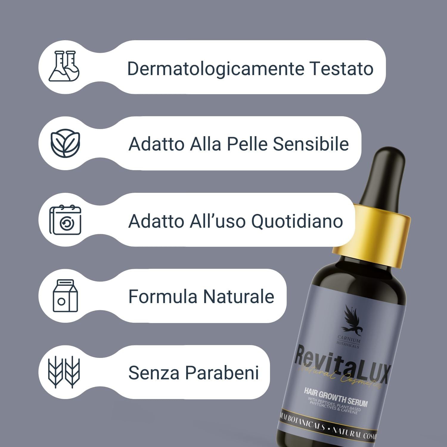 Braune Glasflasche mit schwarzer Pipette und goldener Kappe. Produktname und Logo auf dem Etikett. Text mit Produktvorteilen.