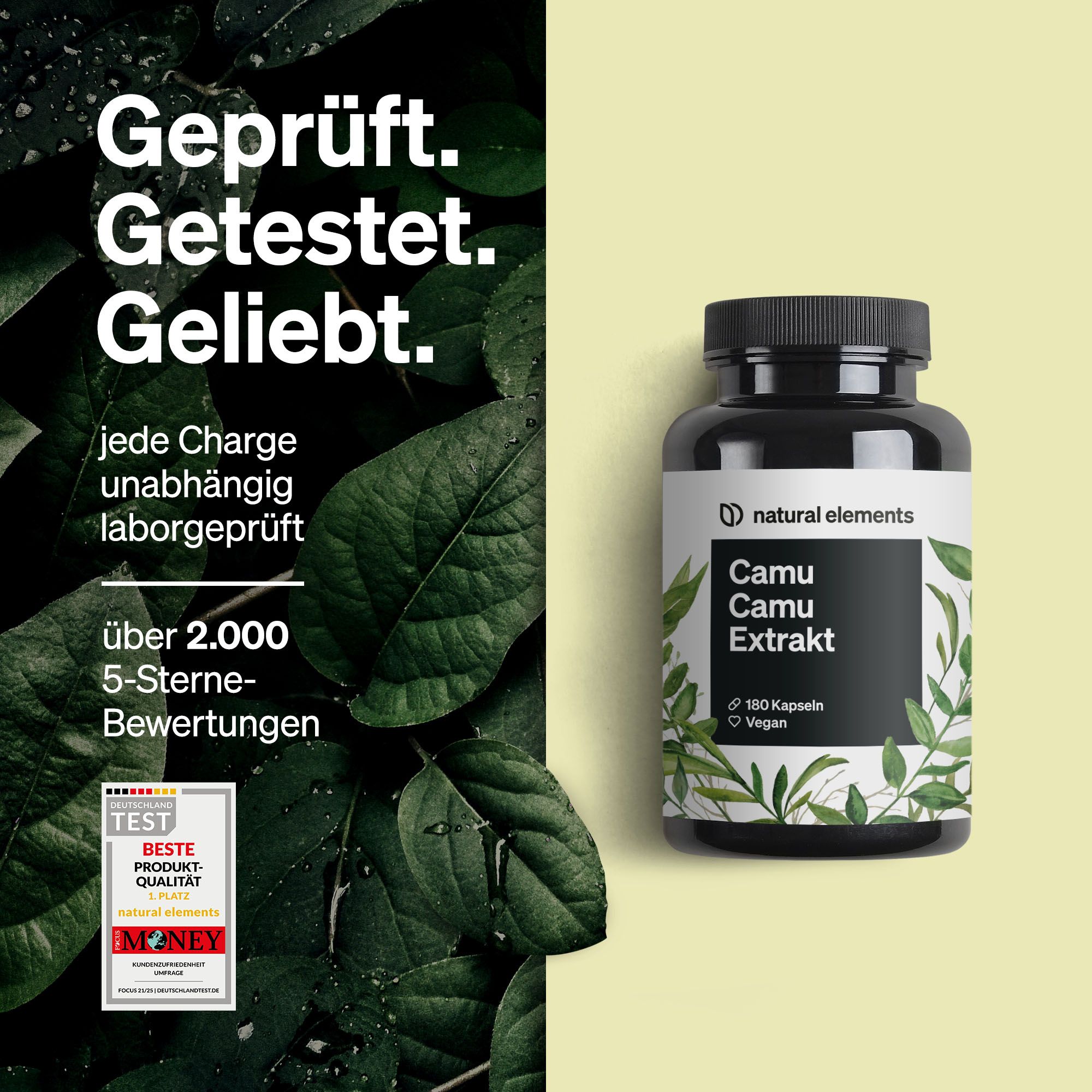 Schwarze Flasche mit Kapseln. Text: Geprüft. Getestet. Geliebt. Marke: natural elements. 180 Kapseln, Vegan.