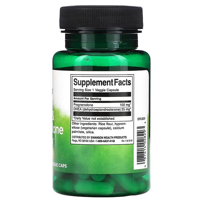 Rückseite einer grünen Flasche mit schwarzen Deckel. Etikett mit Nährwertangaben und Inhaltsstoffen. Enthält Pregnenolon und DHEA.