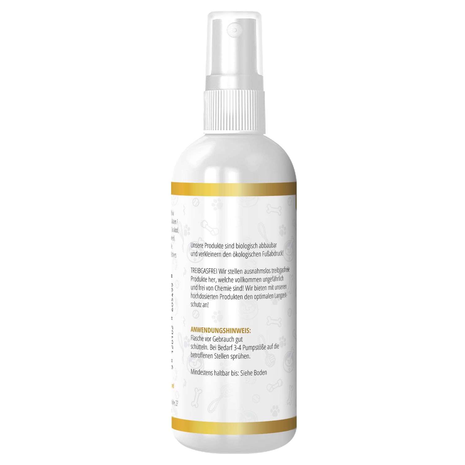 Rückseite der Zeckimix Spray Flasche. Text in deutscher Sprache. Goldfarbene Akzente am oberen und unteren Rand der Flasche.