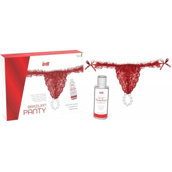 Rote Brazilian Panty und Erdbeer-Gleitgel. Verpackung mit Produktabbildung. Aufschrift: Sexy Strawberry. Schleifen und Perlen.