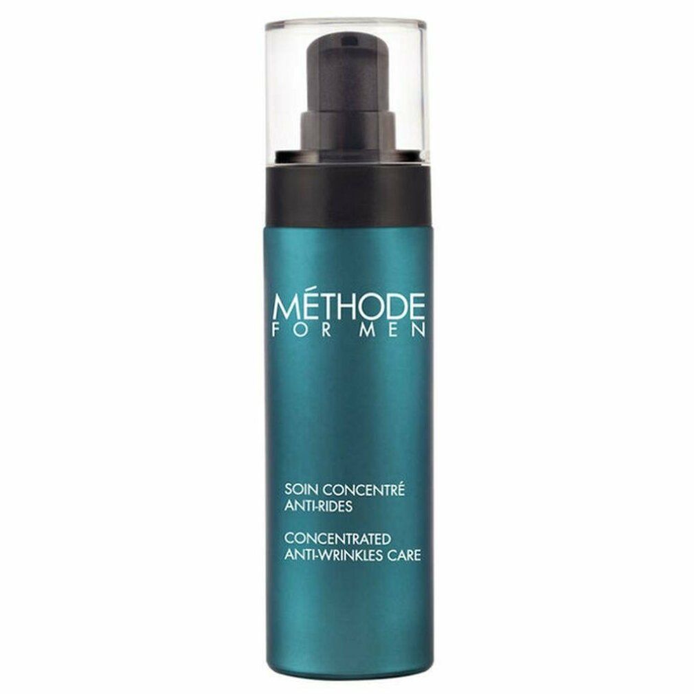 Türkisgrüne Flasche mit schwarzem Pumpkopf. Aufschrift: MÉTHODE FOR MEN, Soin Concentré Anti-Rides, Concentrated Anti-Wrinkles Care.