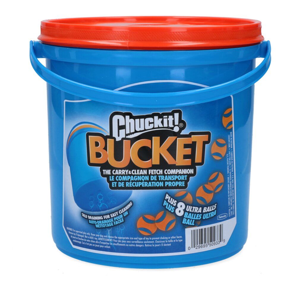 Blauer Eimer mit orangefarbenem Deckel. Aufschrift: Chuckit! Bucket. Enthält 8 Ultra Balls. Mit Tragegriff.