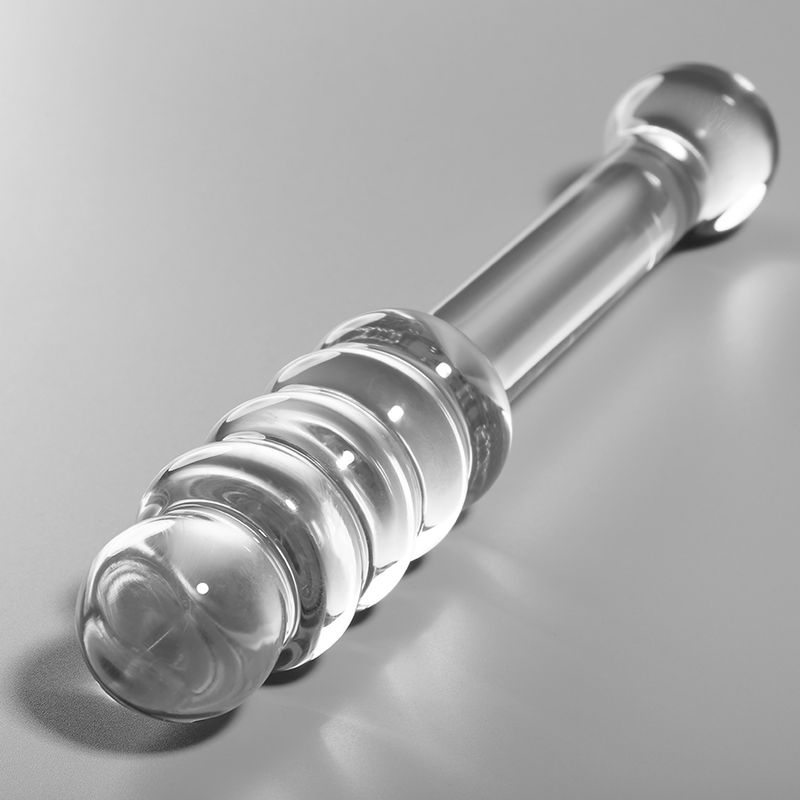 Borosilikatglas-Dildo, 20,5 cm lang, mit geripptem Kopf und kugelförmigem Griff.