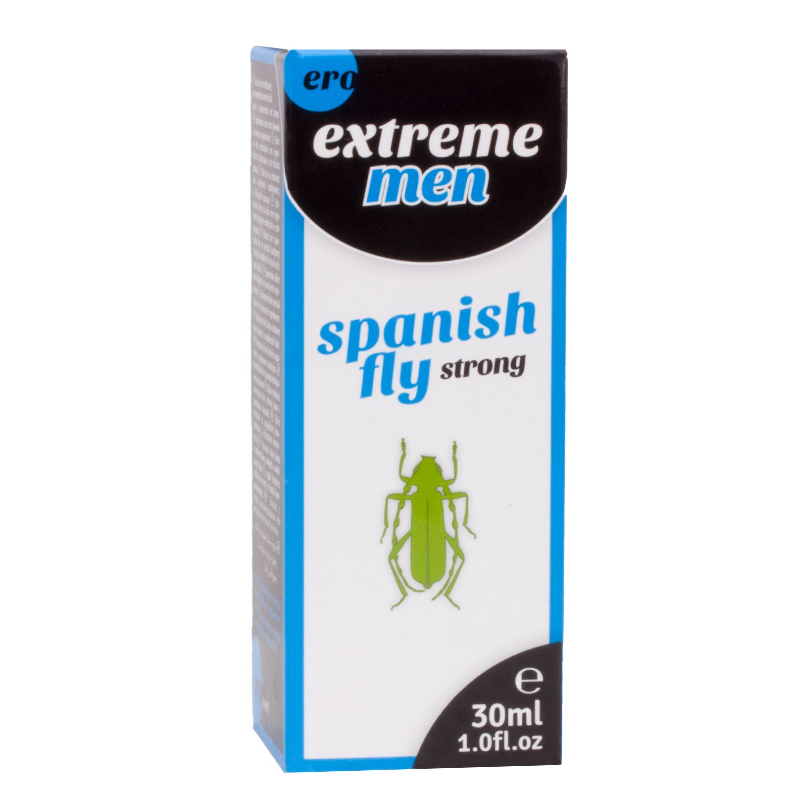 Weiße Schachtel mit blauen Akzenten. Auf der Schachtel steht "Ero extreme men Spanish fly strong".