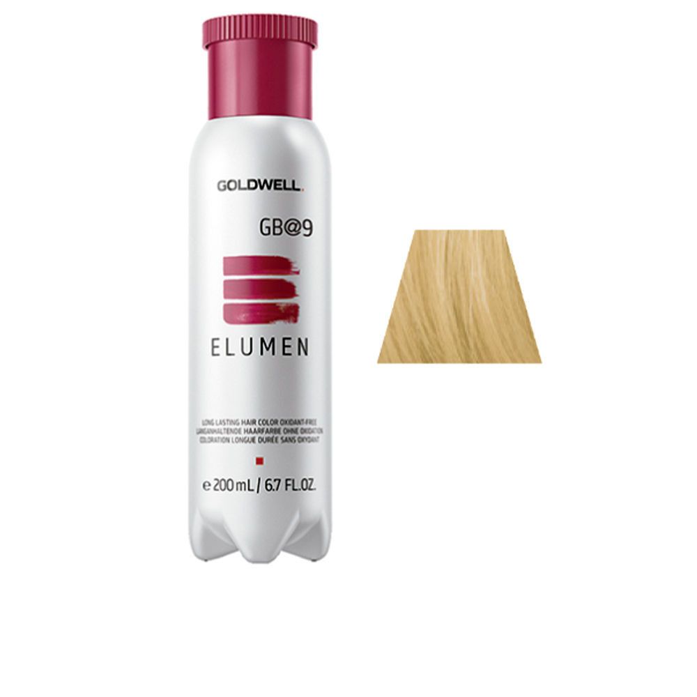 Flasche ELUMEN Haarfarbe, weiß, mit rotem Deckel. Daneben ein blondes Haarfarbmuster.