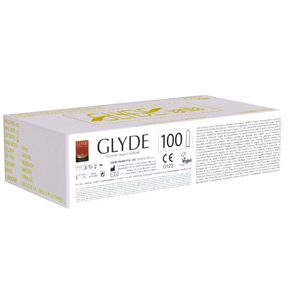Weiße Verpackung mit Aufschrift GLYDE 100. Vegan-Siegel und CE-Kennzeichnung. Text in mehreren Sprachen.