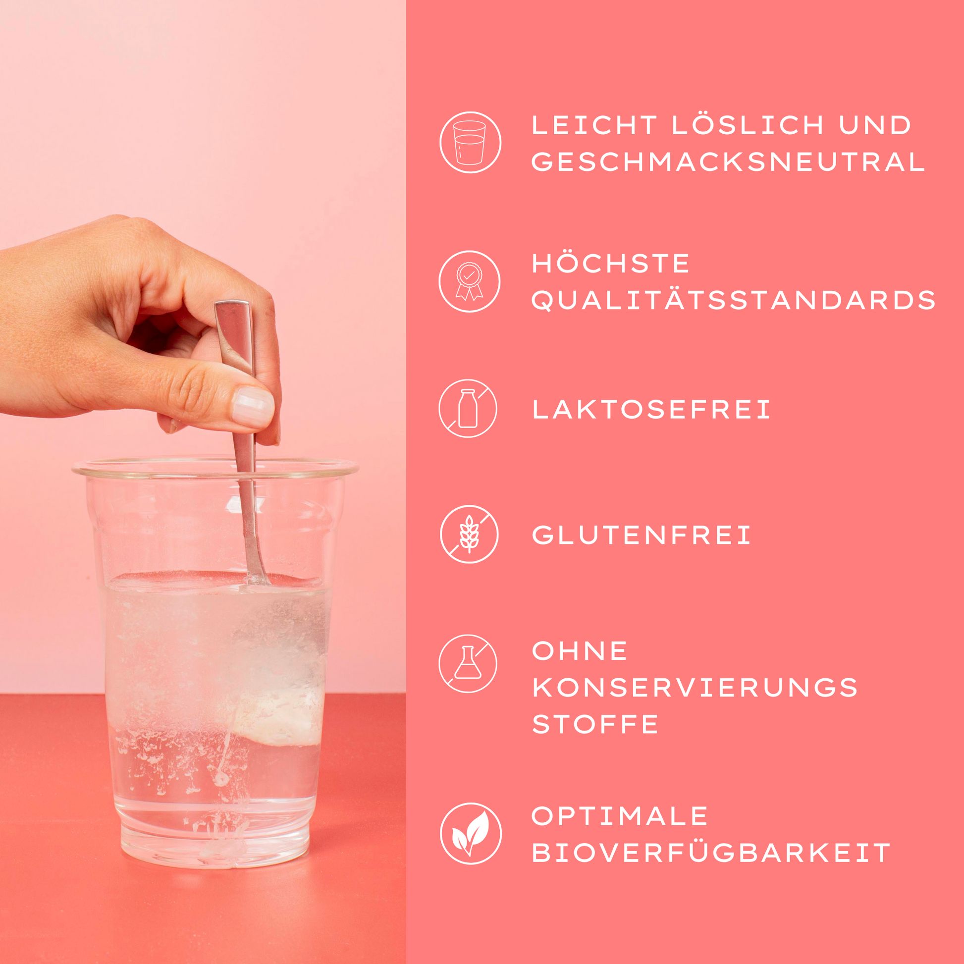 Hand rührt Pulver in einem Glas Wasser. Text: leicht löslich, laktosefrei, glutenfrei, ohne Konservierungsstoffe.