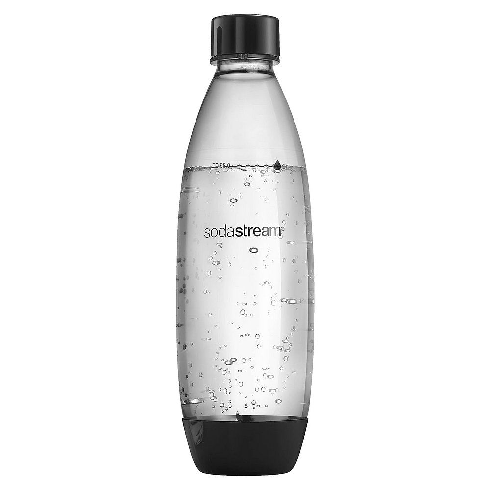 SodaStream Flasche mit schwarzem Boden und Deckel, gefüllt mit Wasser.