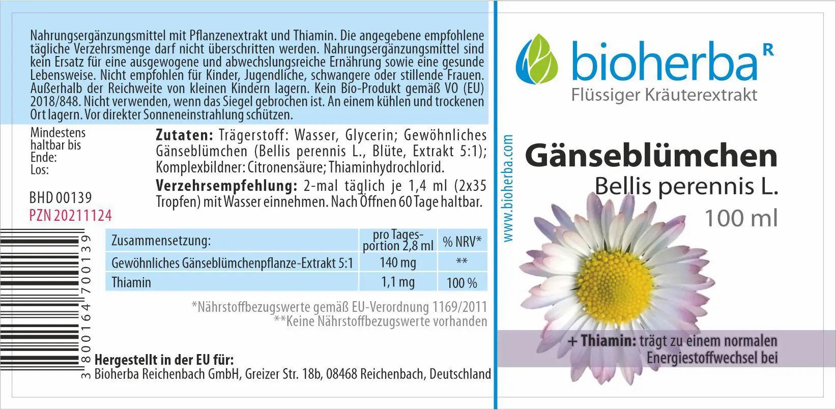 Etikett mit Produktinformationen. "Gänseblümchen Bellis perennis L. Tropfen". Marke: bioherba. PZN 17187132. Inhaltsstoffe und Verzehrempfehlung.
