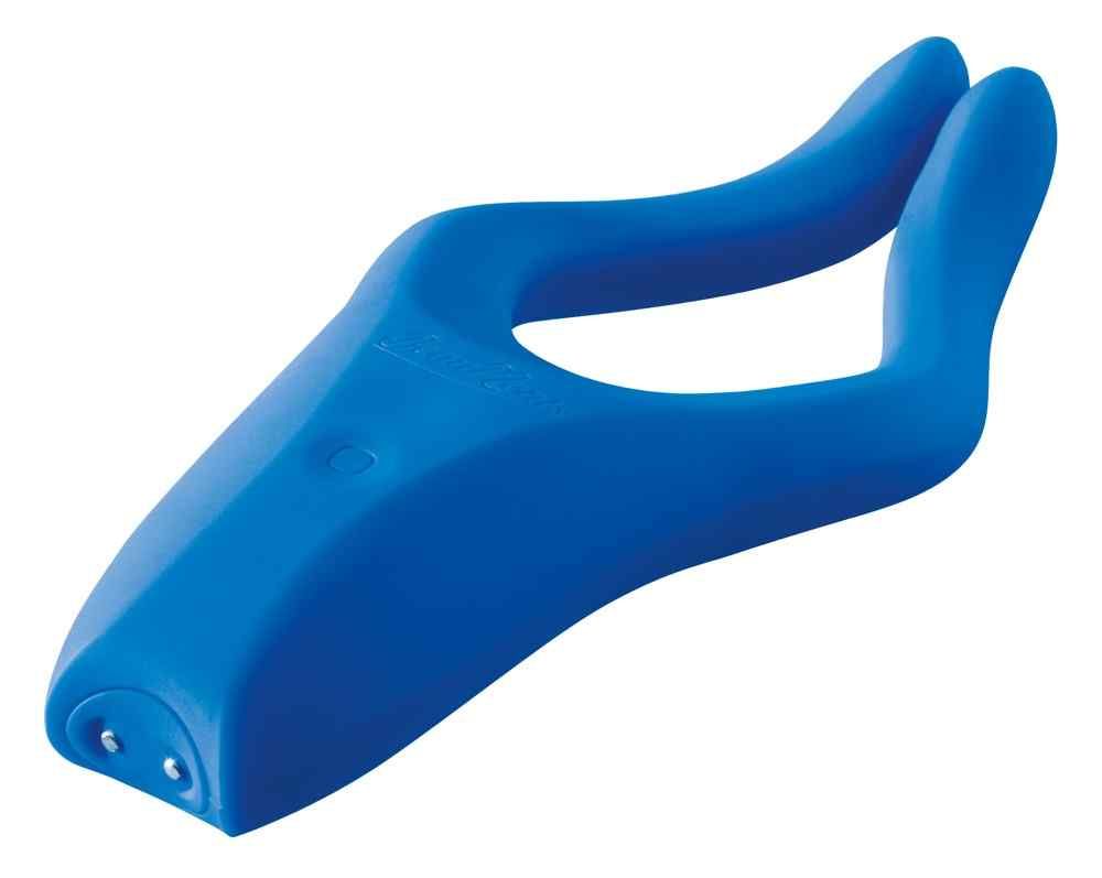 Blaues, ergonomisch geformtes Wellness-Produkt. Mit zwei Ausbuchtungen und zwei kleinen Öffnungen an der Spitze.