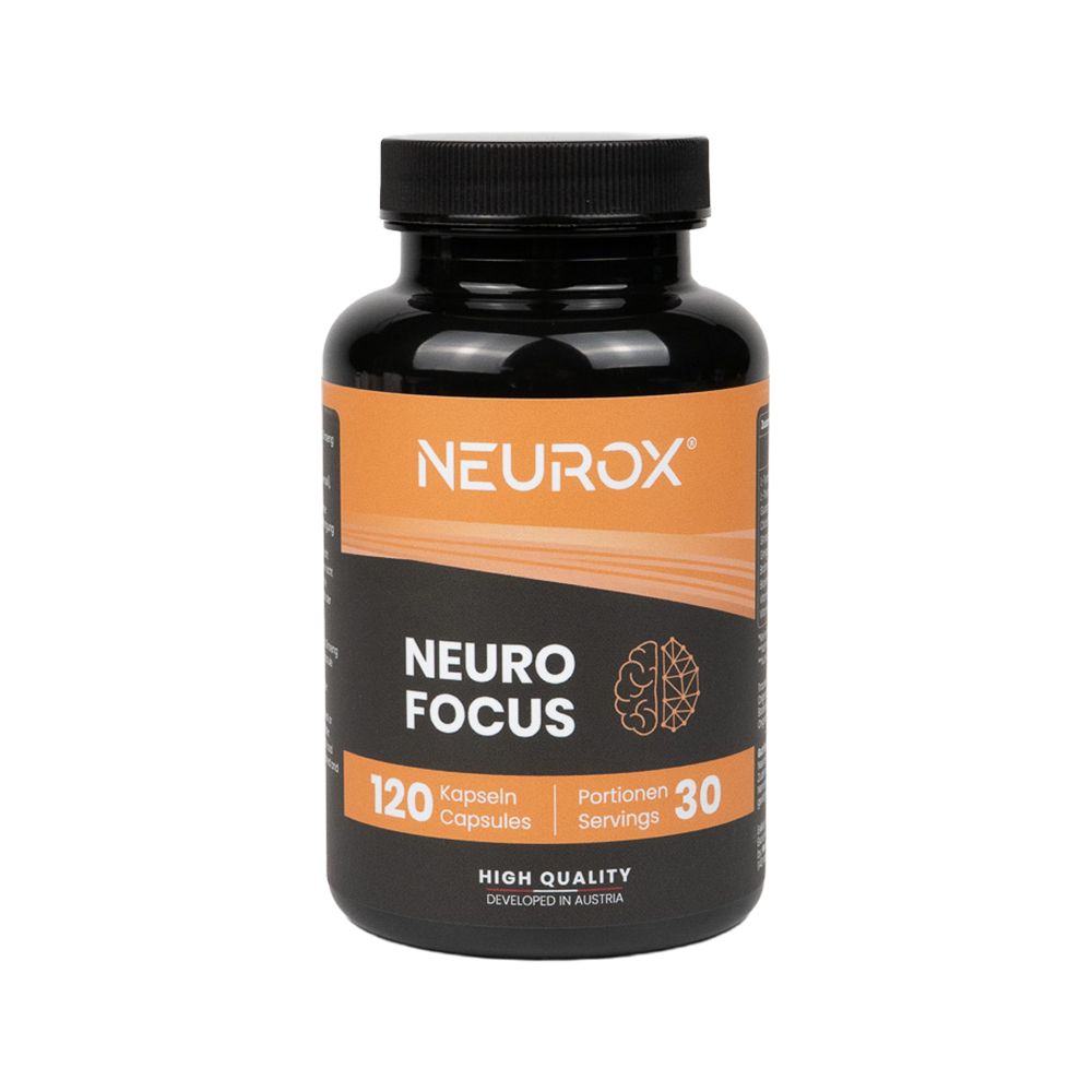 Schwarze Flasche mit Kapseln. Aufschrift: Neurox, Neuro Focus, 120 Kapseln, 30 Portionen. Hochwertig, entwickelt in Österreich.