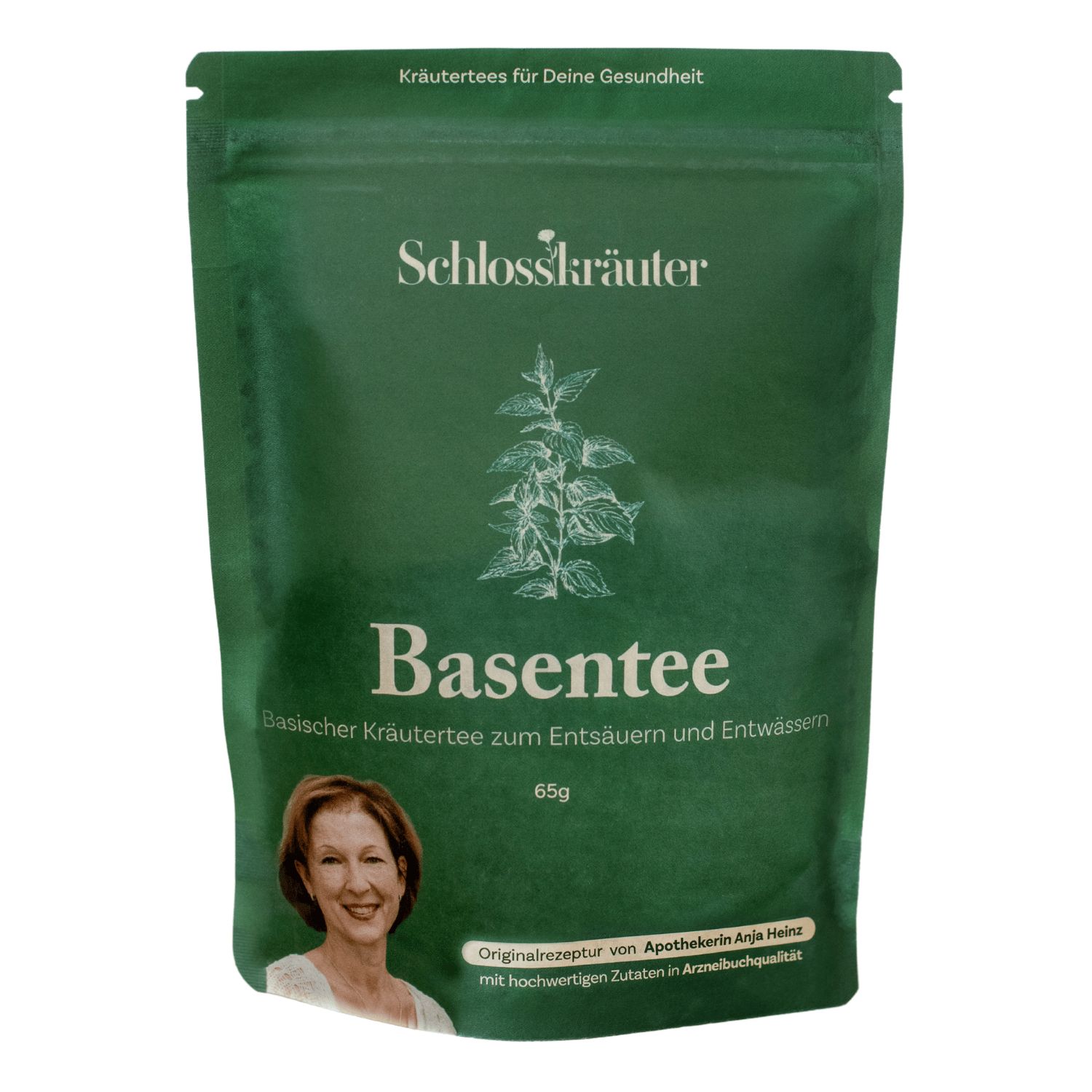 Grüner Beutel mit Schlosskräuter Basentee. Aufschrift: Basentee, 65g. Porträt einer Frau.