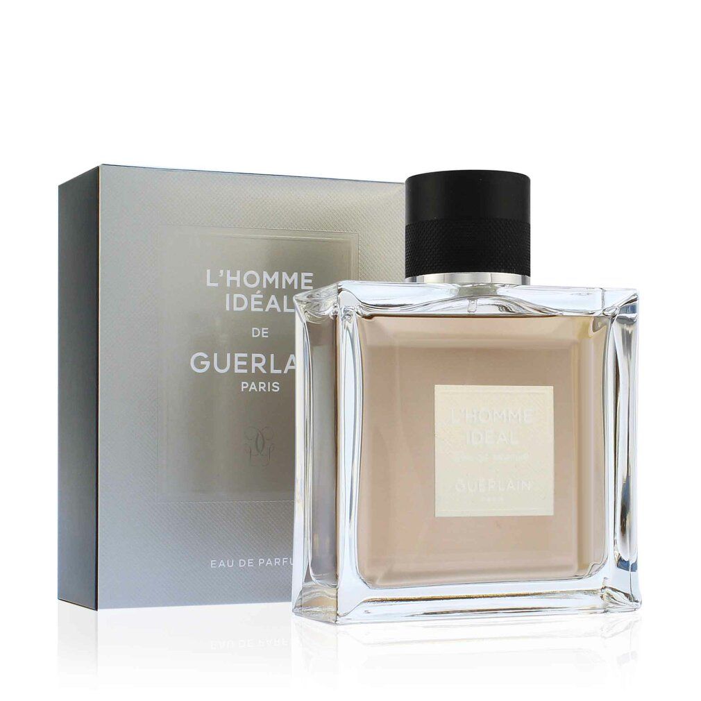 Guerlain L'Homme Ideal Eau de Parfum Flakon und Verpackung. Quadratischer Flakon, schwarzer Deckel, hellbraune Flüssigkeit. Verpackung mit Logo.