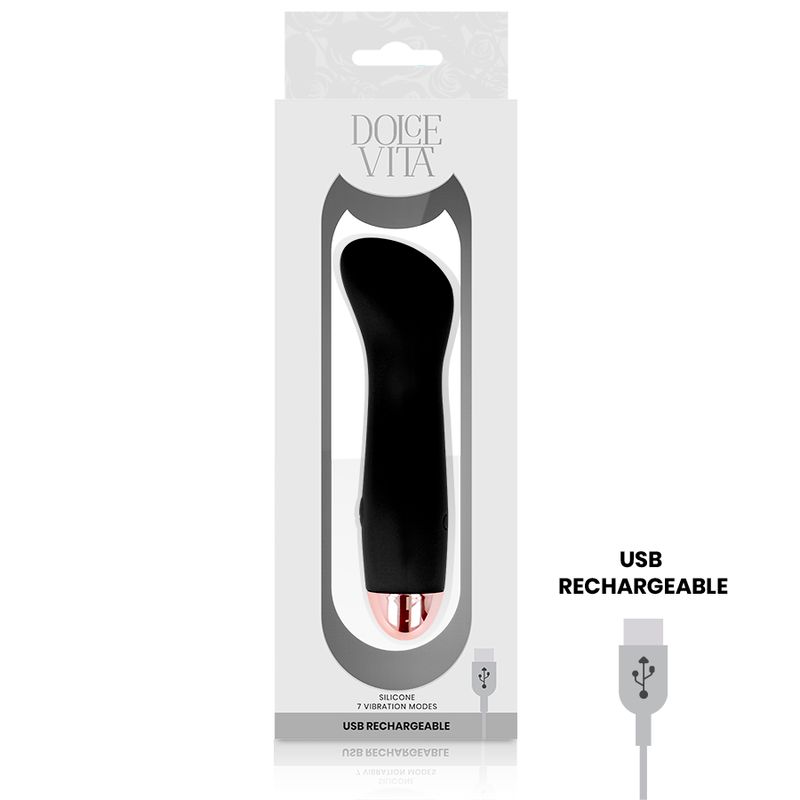 Schwarzer Silikon-Vibrator in Verpackung. Produktname und USB-Ladefunktion sind auf der Verpackung angegeben.