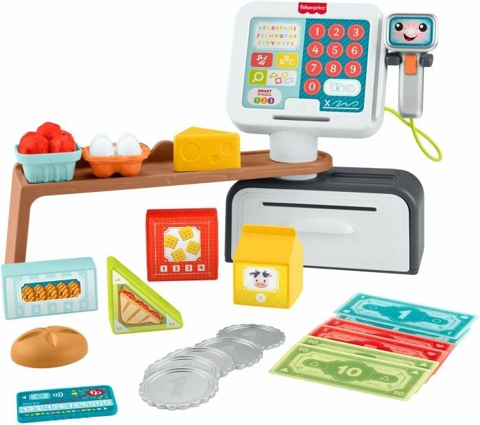 Spielzeugkasse mit Zubehör: Obst, Eier, Käse, Brot, Münzen, Geldscheine. Mit Fisher-Price Logo.