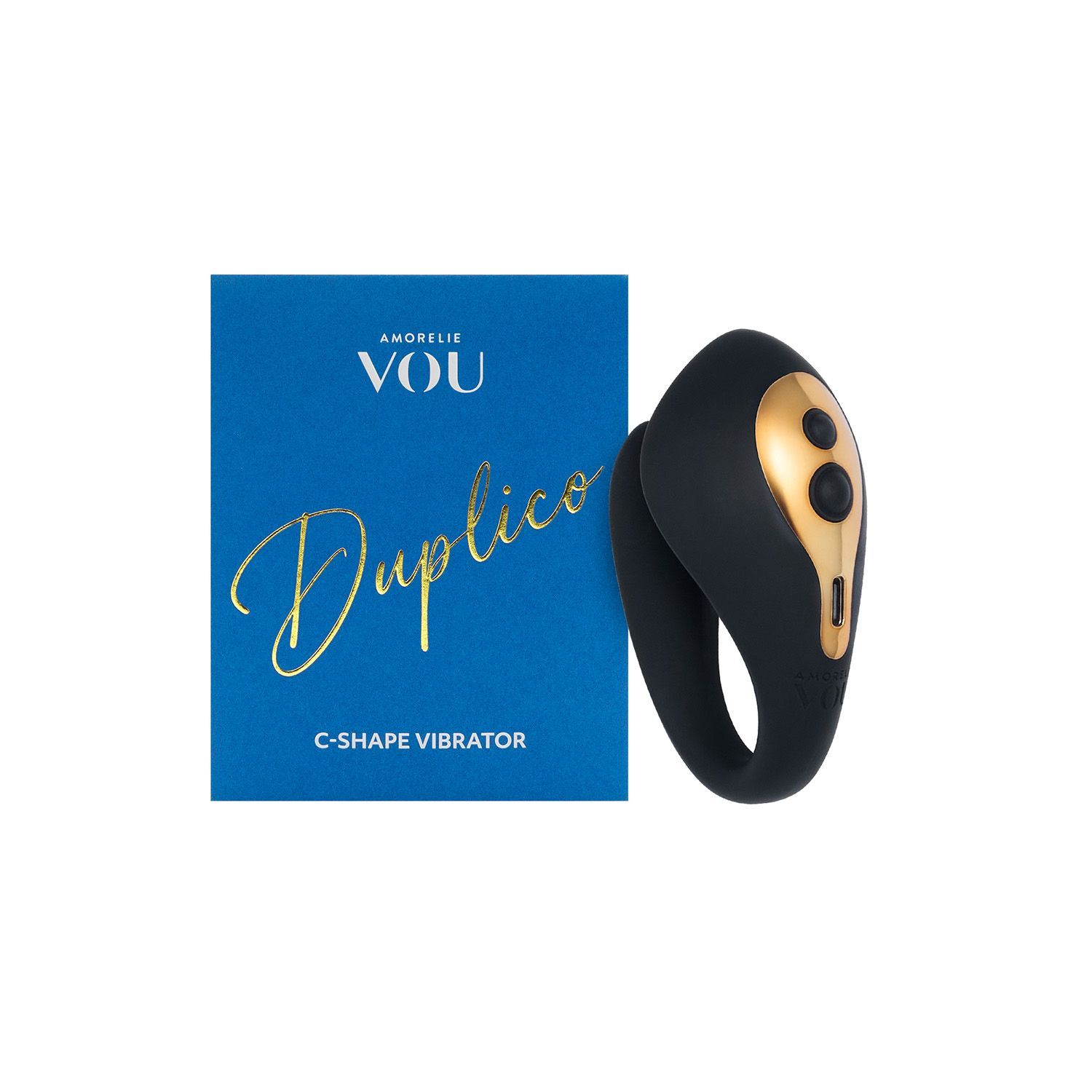 Blaues Produktkarton mit goldener Schrift neben einem schwarzen C-förmigen Vibrator mit goldfarbenen Akzenten.