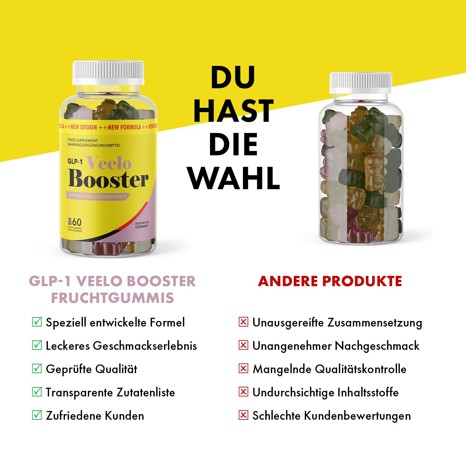 Zwei Flaschen GLP-1 Veelo Booster Fruchtgummis. Eine gefüllt, eine leer. Text mit Vorteilen und Nachteilen.
