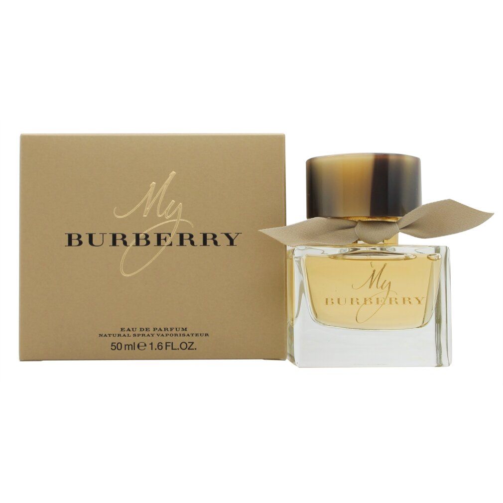 Parfümflakon und Schachtel. Flakon mit goldfarbenem Verschluss und Schleife. Auf der Schachtel steht My Burberry.