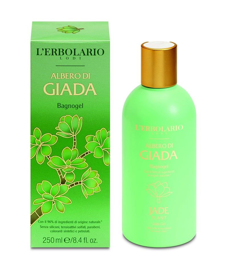 Grüne Flasche und Schachtel. Aufschrift ALBERO DI GIADA. Goldfarbener Deckel. Produktname und Marke sichtbar.
