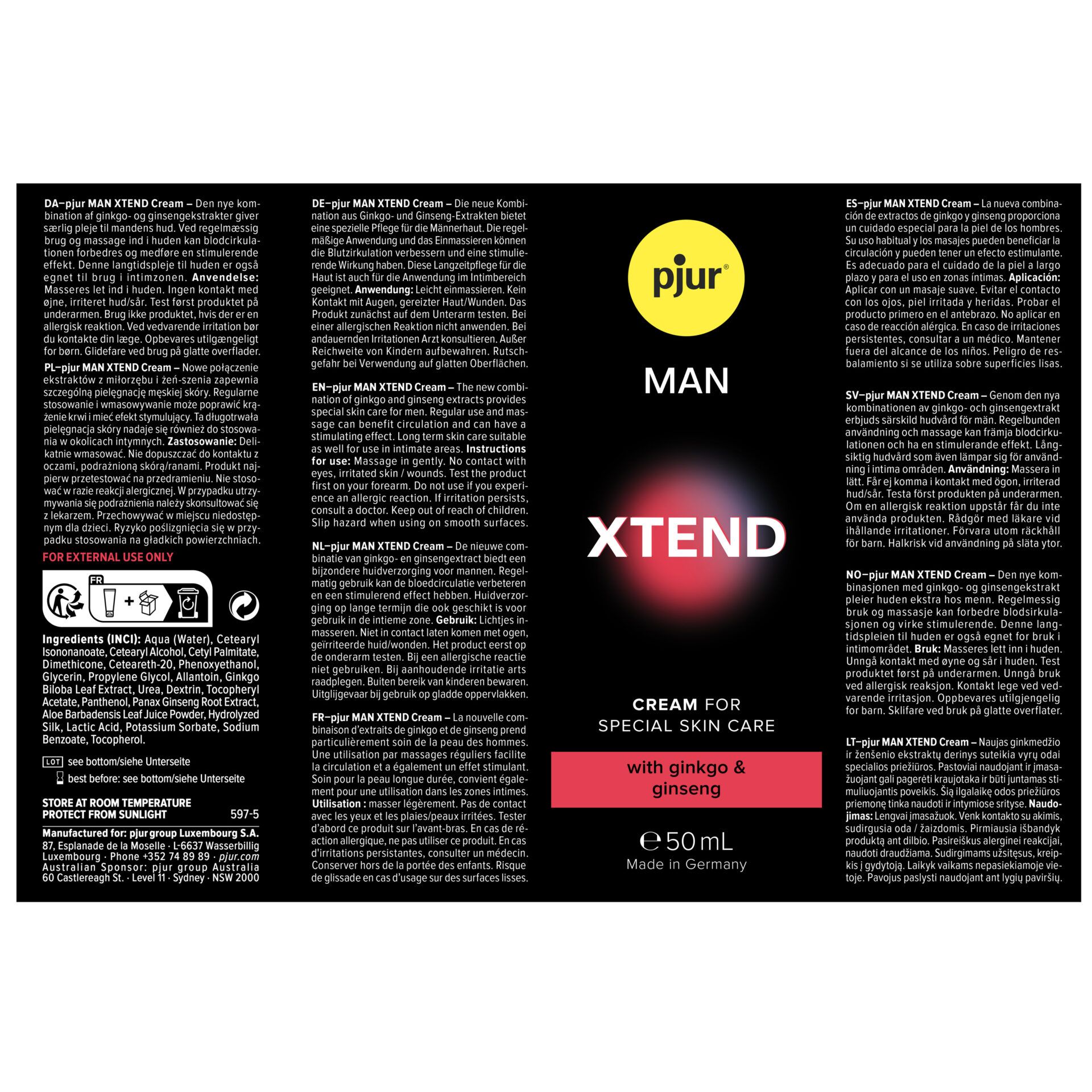 Rückseite der pjur® MAN Xtend Cream Verpackung mit Produktinformationen.