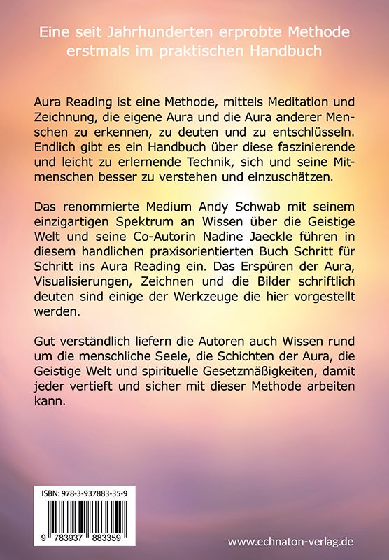 Rückseite des Buches "Aura Reading". Text über die Methode, Meditation und Zeichnung. ISBN und Verlagslogo.
