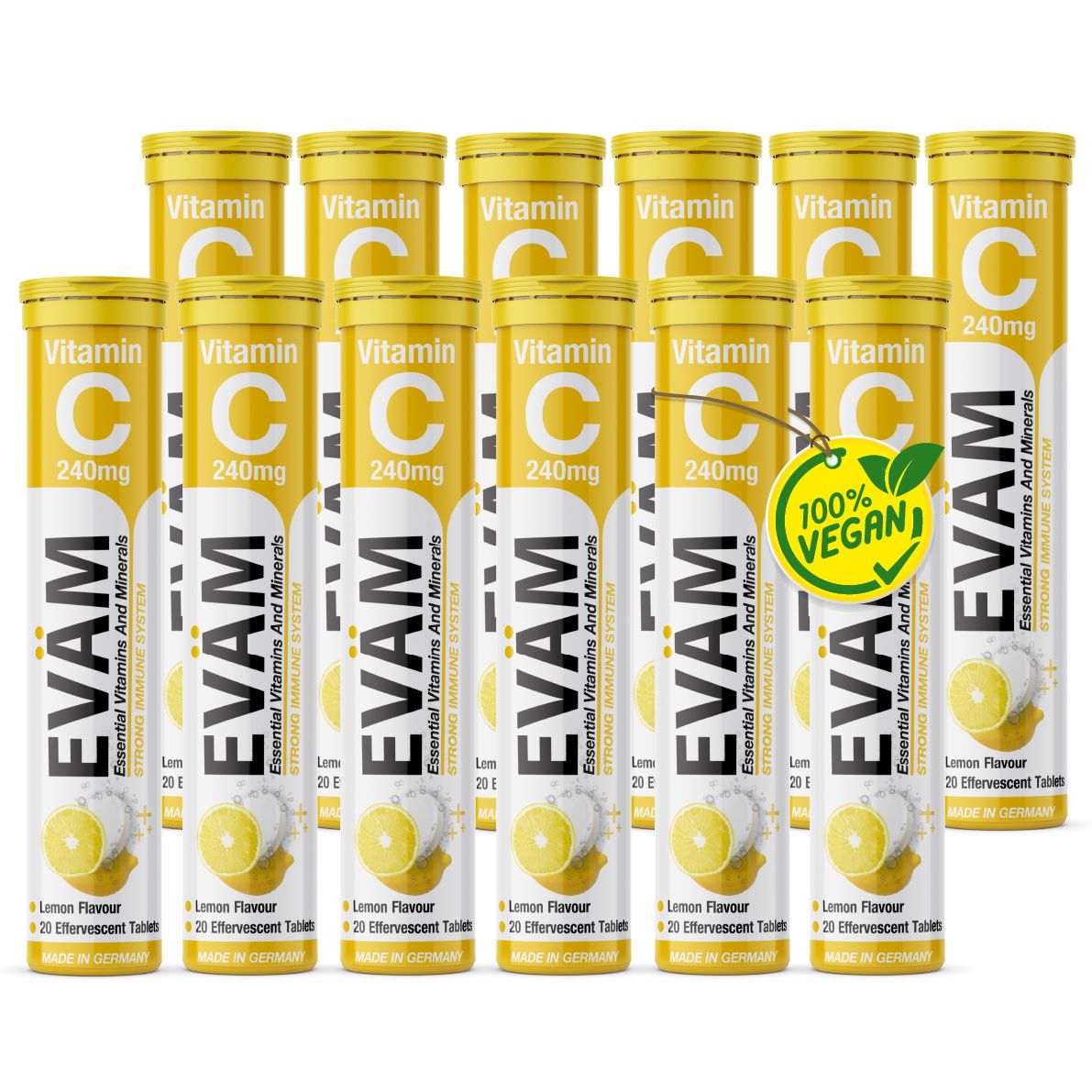 Mehrere gelbe Tuben mit Vitamin C Brausetabletten. 100% vegan. Produktname EVÄM. Enthält 20 Brausetabletten.