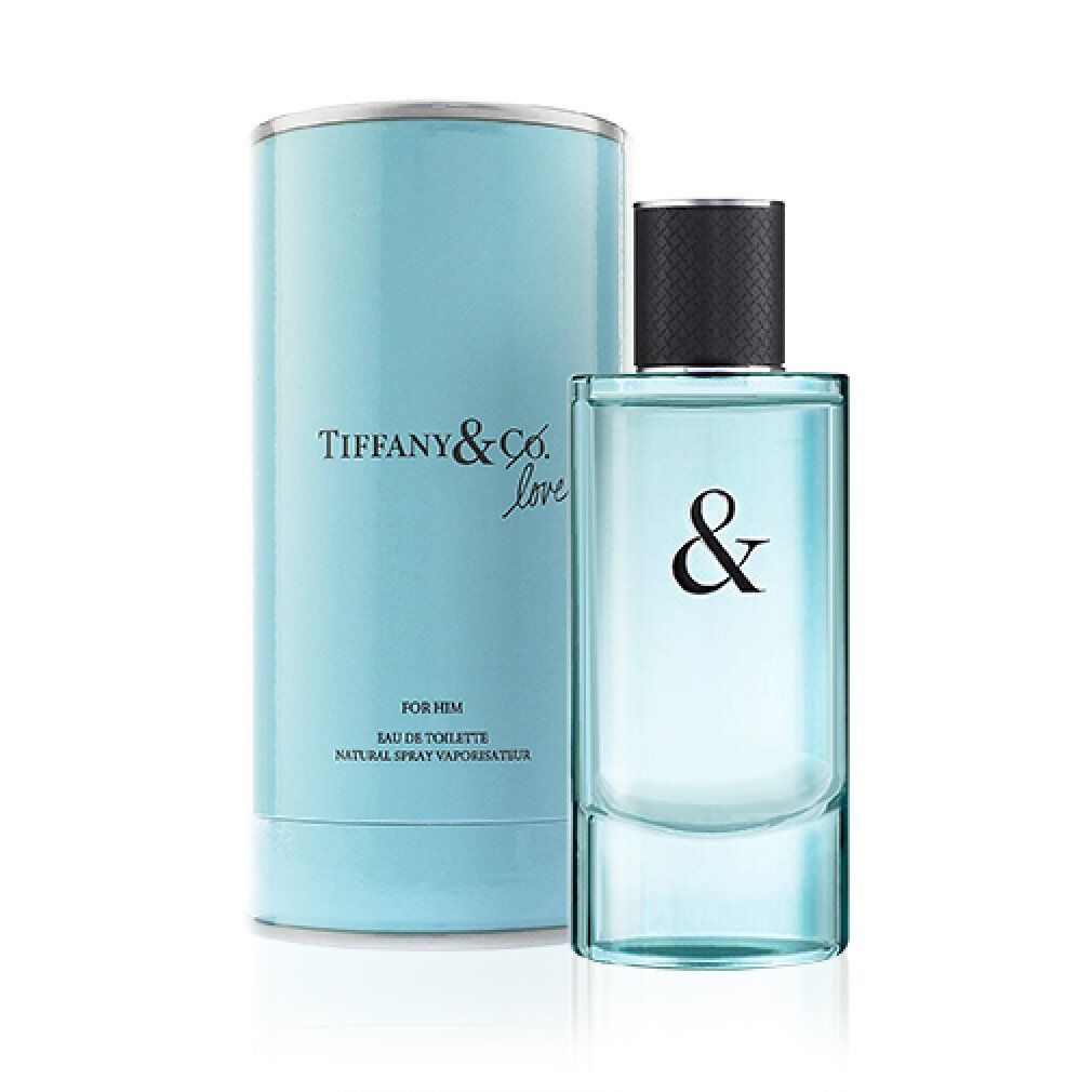 Türkisfarbene Verpackung und Flakon. Flakon mit schwarzem Deckel und & Zeichen. Aufschrift: Tiffany & Co. Love.