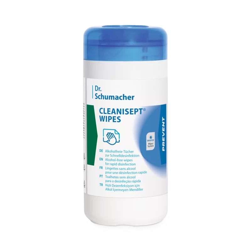 Zylinderförmige Behälter mit blauer Kappe. Beschriftung: Cleanisept Wipes, Dr. Schumacher. Mehrsprachige Produktinformationen.