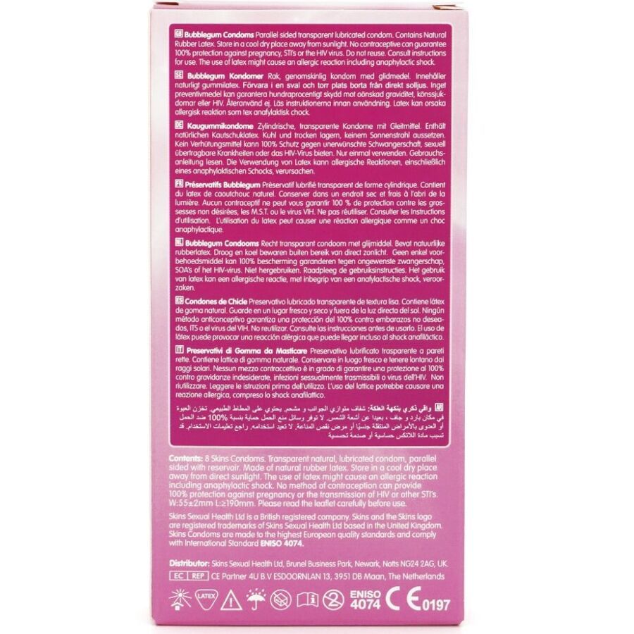 Rückseite der Kondomverpackung. Textinformationen in mehreren Sprachen. Enthält Informationen zu Inhaltsstoffen und Hersteller.