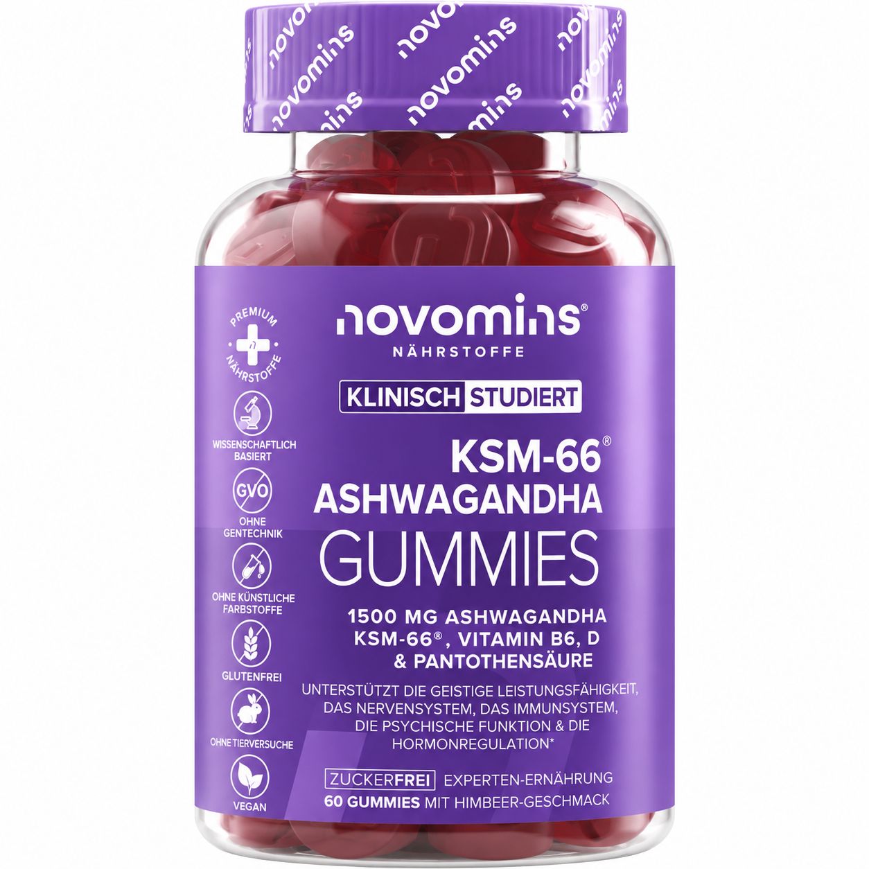 Novomins Ashwagandha Gummies Flasche mit 60 Stück, Himbeergeschmack.